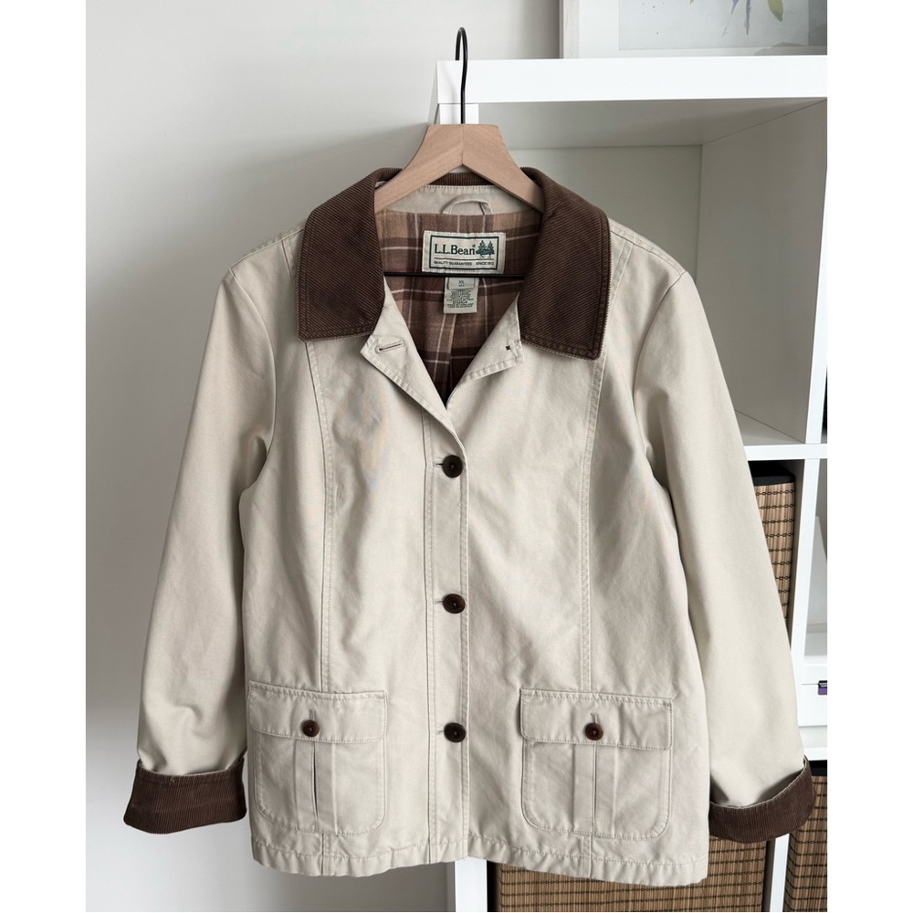 L.L. Bean Adirondack Barn Coat Jacket Flannel Lined Beige Brown Sz XL